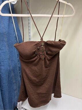 Self Esteem Brown Strapless Tank with Crochet & Coin Detail
